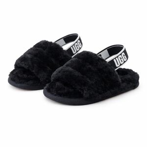 UGG Toddler Oh Yeah Fluffy Shearling Sheepskin Slingback Slipper Black 6